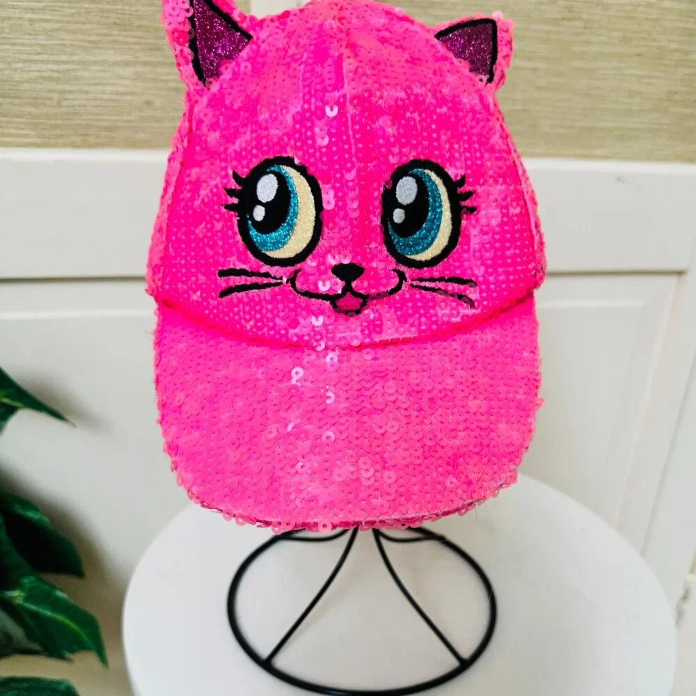 Justice Pink Sequin Kitty Cat Ear Baseball Cap Blue Eyes Adjustable Hat